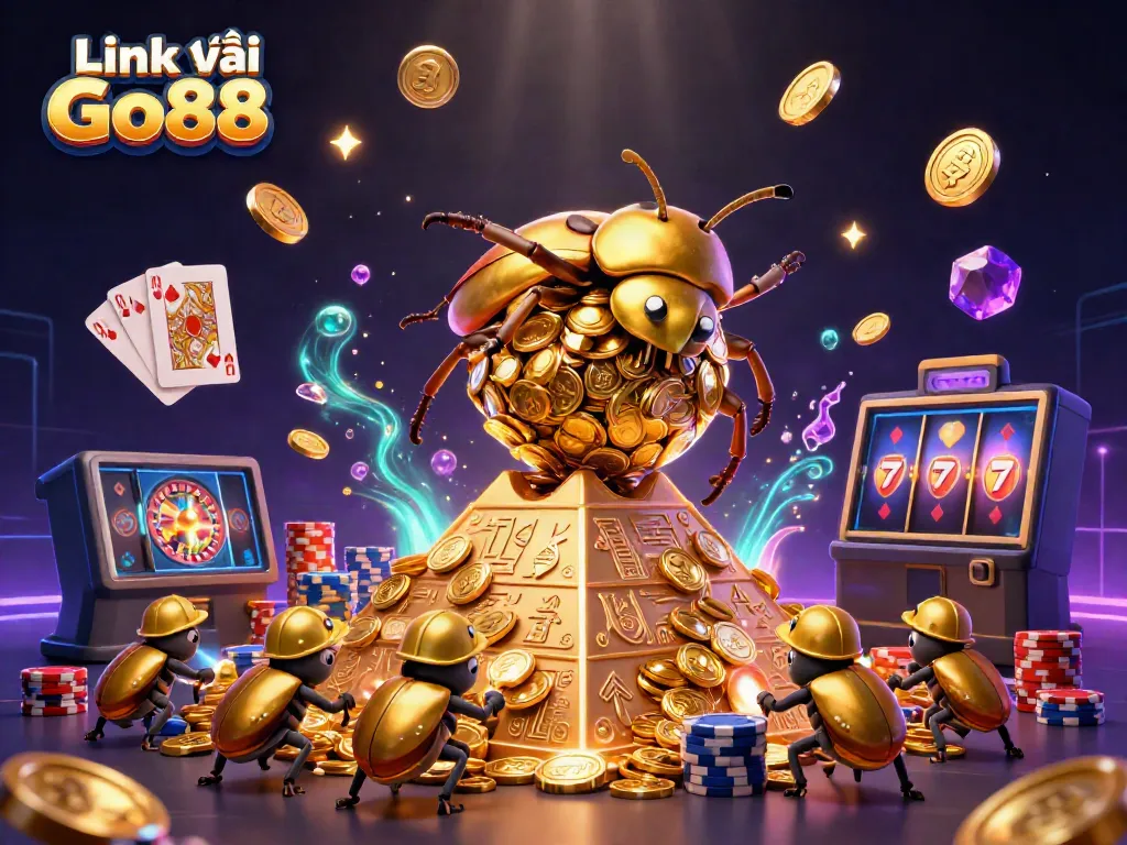 Experience action and excitement with the Link vào Go88 scene featuring vibrant casino elements and a golden beetle hero.