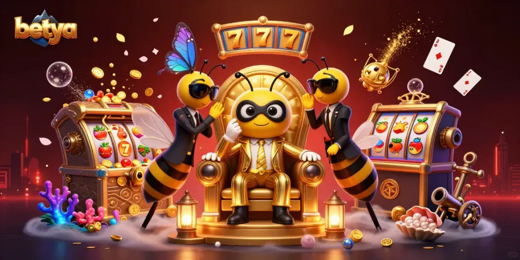 Betya's animated casino scene showcases vibrant slot machines and a dynamic mob boss theme.