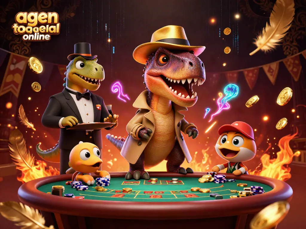 Experience agen togel online excitement with animated creatures at a blackjack table, showcasing vibrant casino elements.