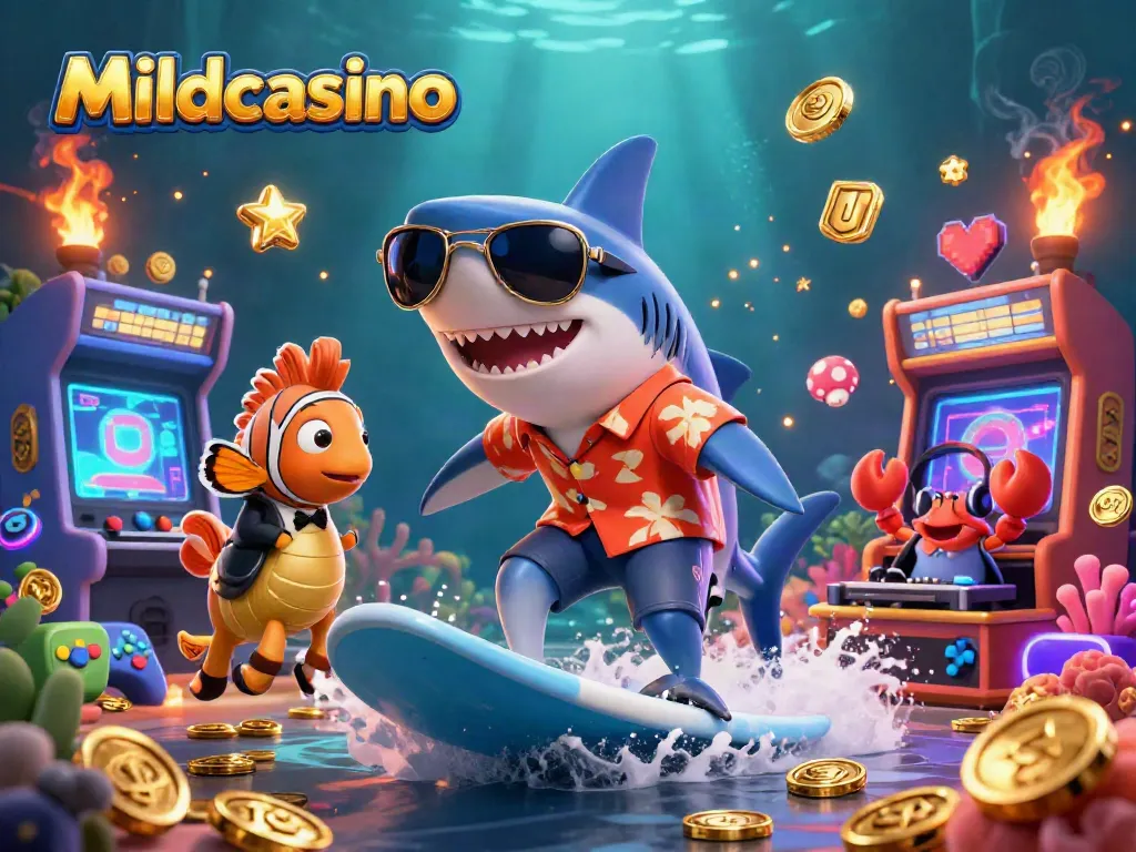 Mildcasino showcases vibrant casino fun with a shark surfing on gold coins, engaging gaming elements.