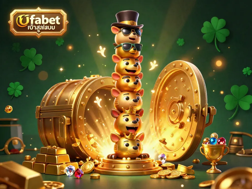 Experience effortless Ufabet เข้าสู่ระบบ with vibrant casino elements and animated totems in a stunning 3D illustration.