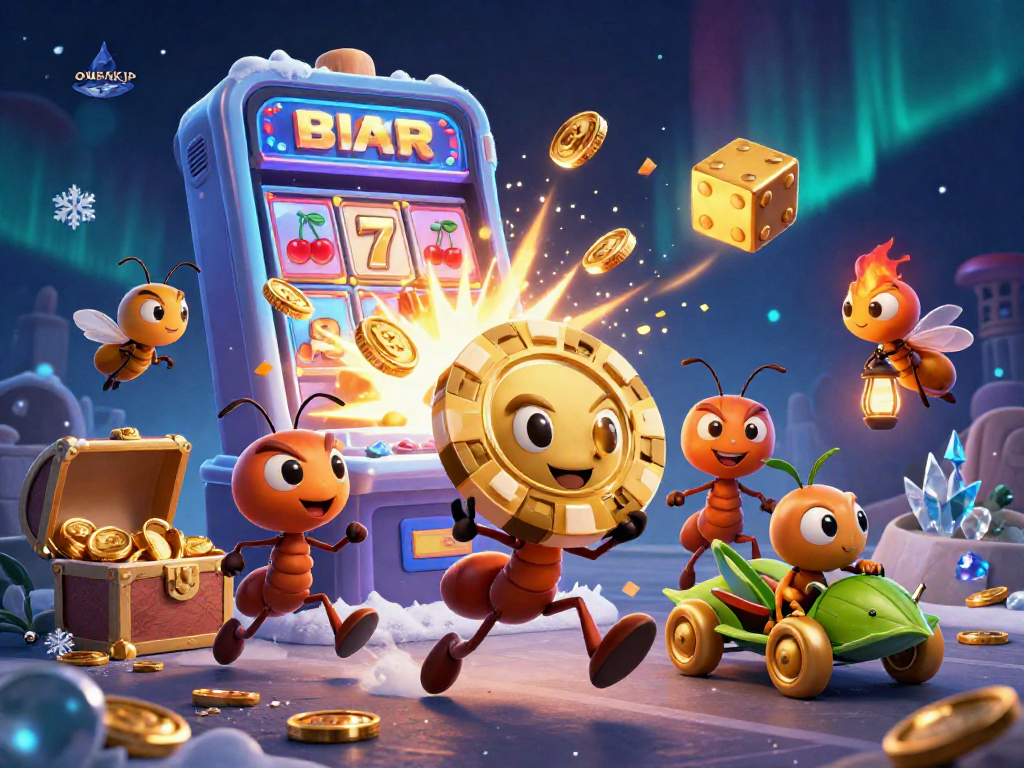Experience the thrill of OMBAKJP as ant characters embark on an exciting poker heist amidst casino games.