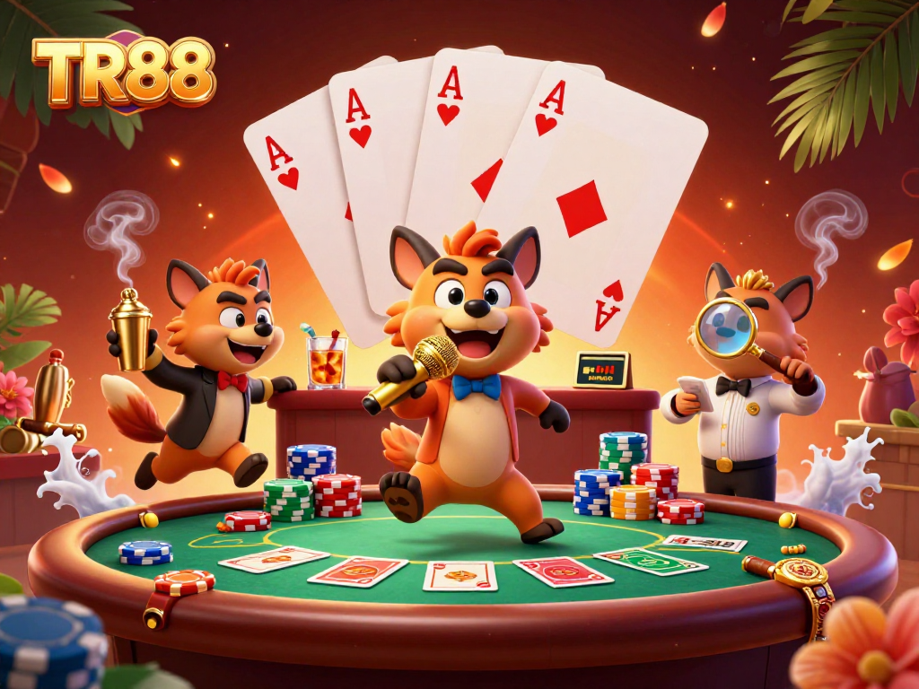 Engage in thrilling gaming action at TR88 with a lively casino scene featuring hyenas!