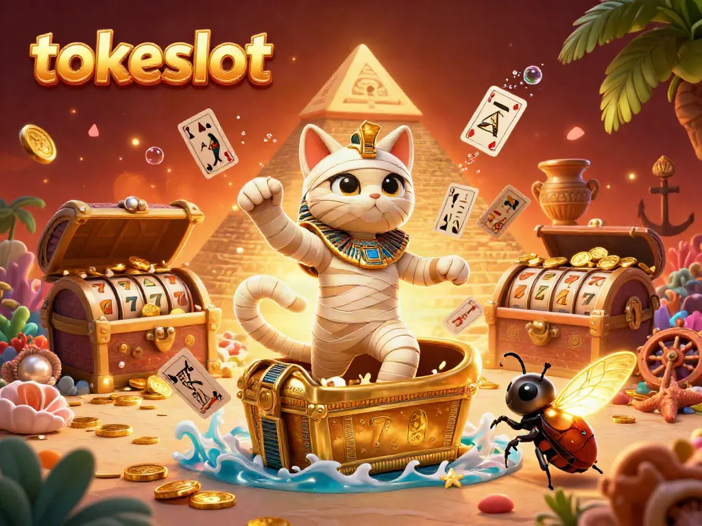 Experience the excitement of TokeSlot with a dynamic scene featuring a mummy cat and casino elements.