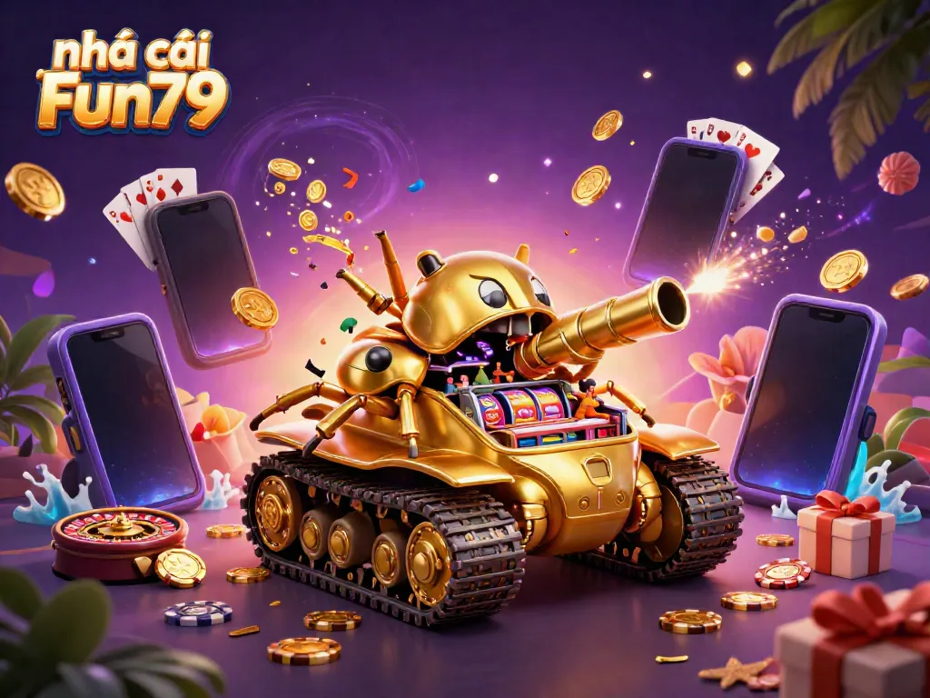 Experience the excitement at nhà cái Fun79 with a vibrant casino scene featuring a golden beetle tank and gaming elements.
