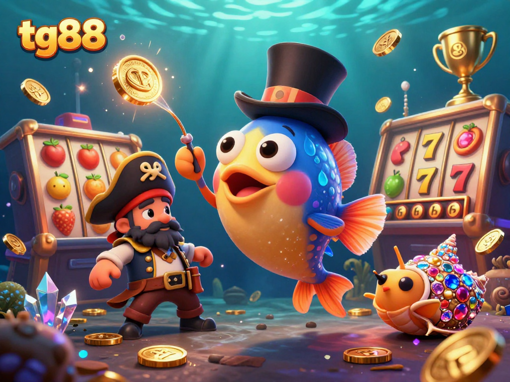 Spin slots with tg88’s vibrant underwater adventure featuring a glowing anglerfish, pirate shrimp, and gem-covered snail.