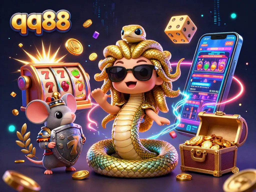 Engage with thrilling slot action at qq88, featuring a playful Medusa and dynamic casino elements.