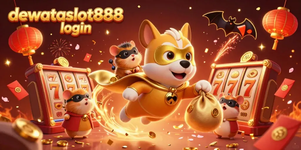 Bermain di dewataslot888 login dengan hiburan slot dan koin berlimpah di sekeliling karakter kartun 3D