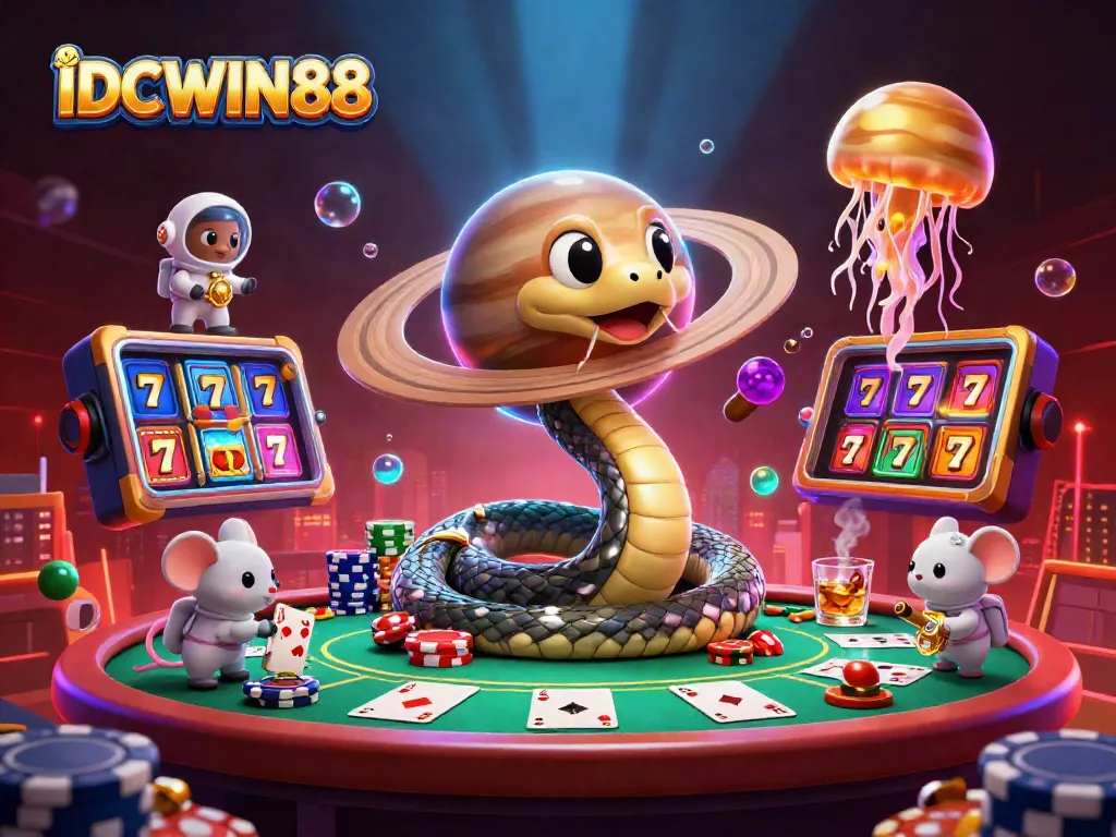 Experience winning strategies with IDCWIN88 in this vibrant casino-themed 3D digital illustration.