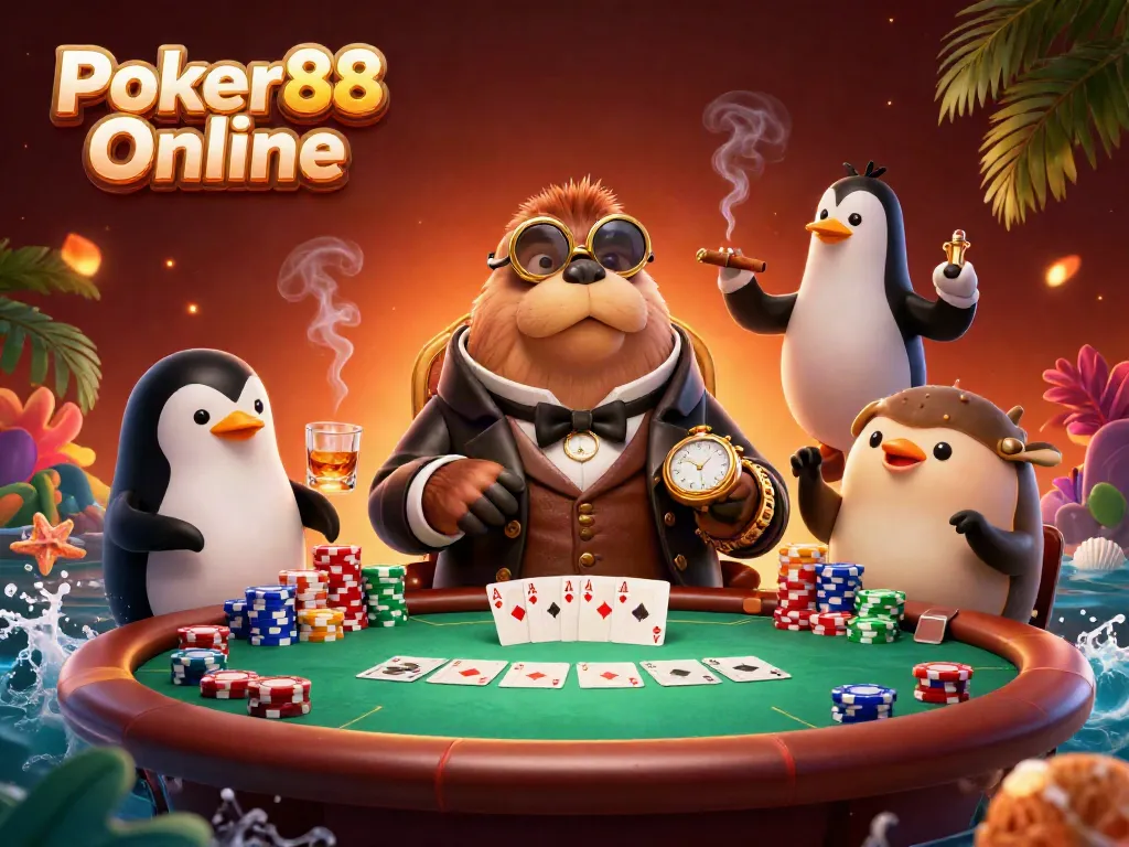 Engaging Poker88 Online scene with a jolly walrus, penguin dealer, and bluffing pufferfish at a poker table, showcasing excitement and fun.