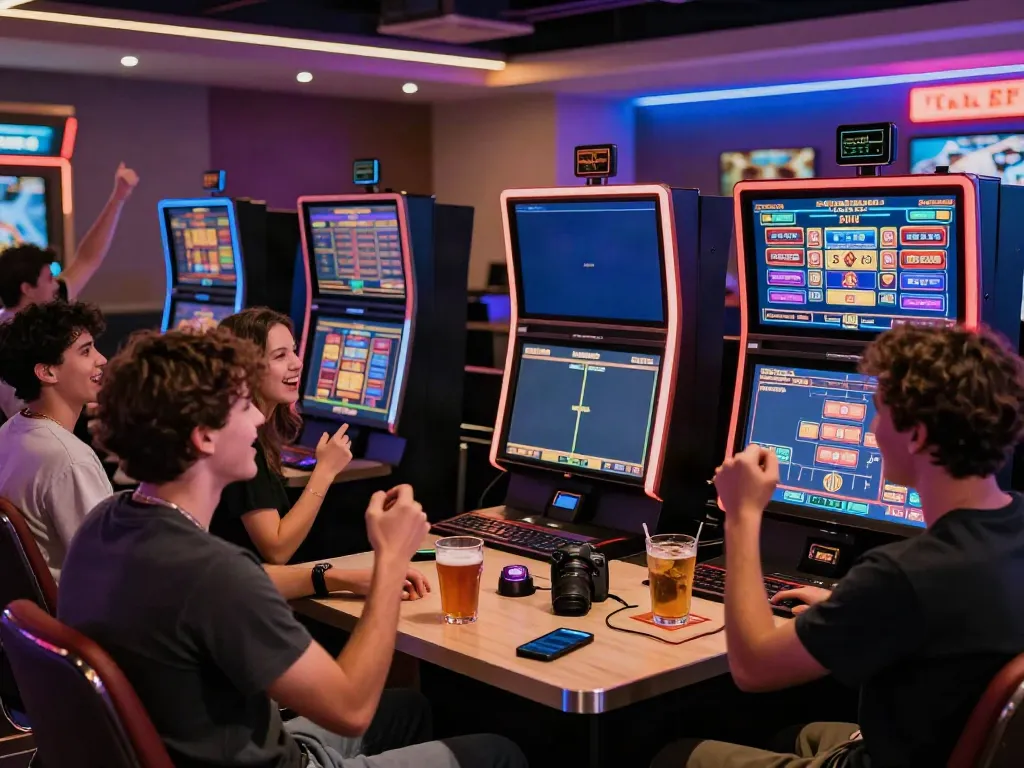 Akunjp gamers engaged in a lively online betting experience with slot game displays and drinks.