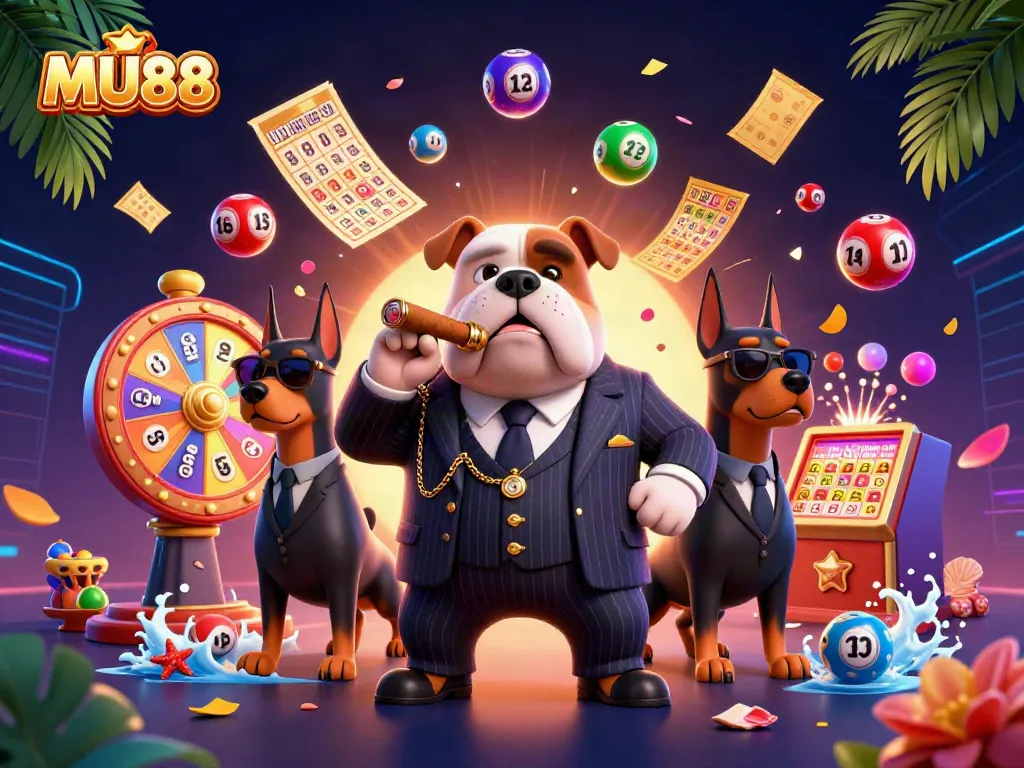 Experience the excitement of MU88 with a vibrant casino scene featuring a mafia bulldog and dynamic lottery elements.