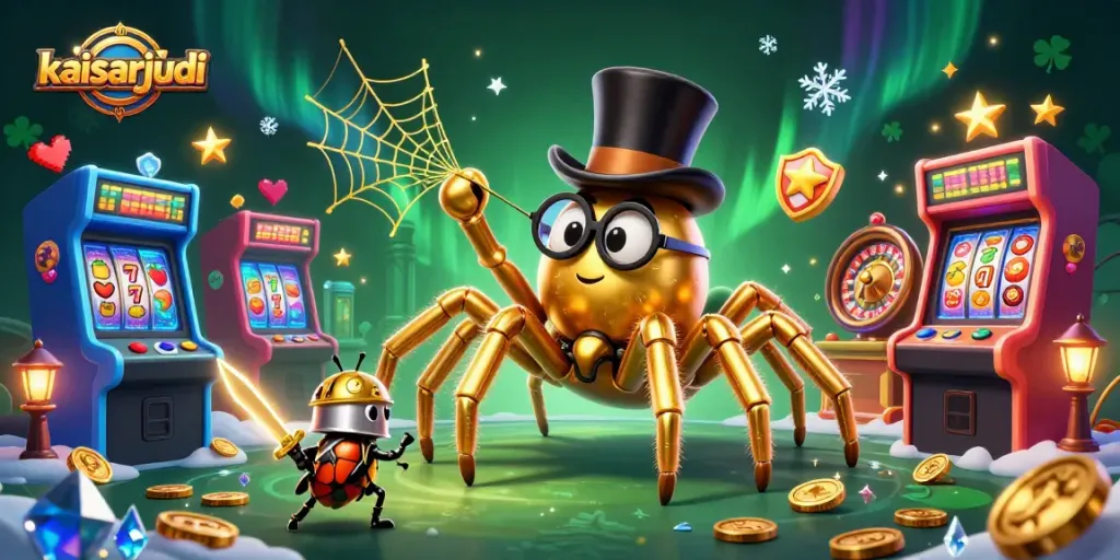 Kaisarjudi promotes thrilling casino gameplay featuring a golden tarantula weaving among slot reels.