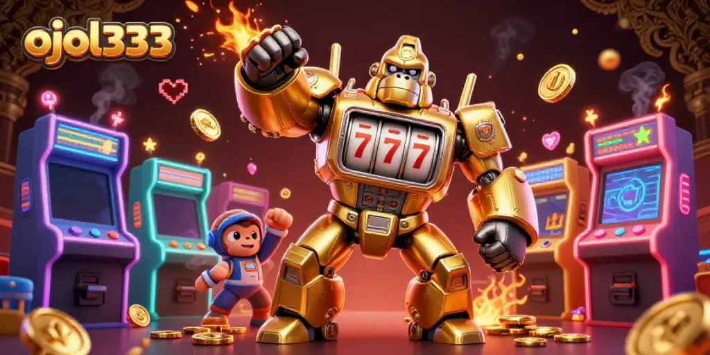 Experience the thrill of ojol333 with a golden mech surrounded by casino game elements.