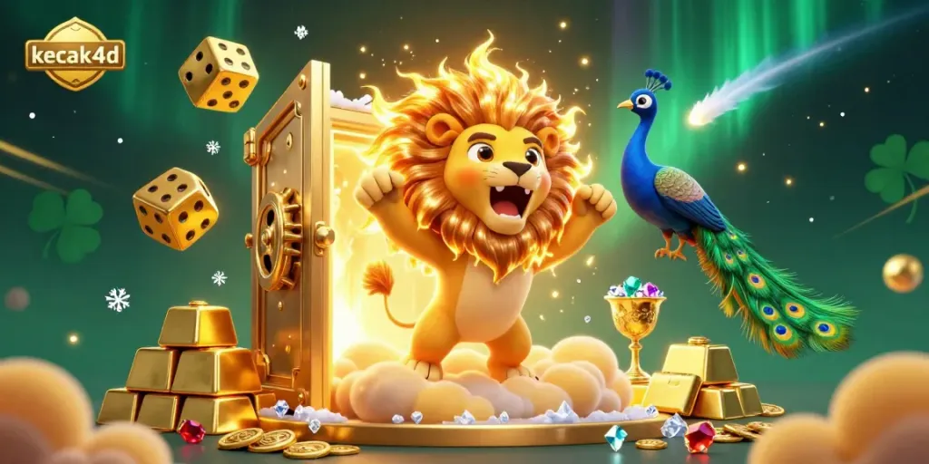 Join the kecak4d adventure with a roaring lion and golden treasures in a vibrant casino scene.