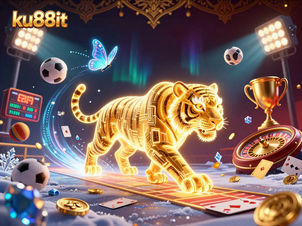 Engage with ku88it in a vibrant casino scene featuring a golden tiger and holographic butterflies.