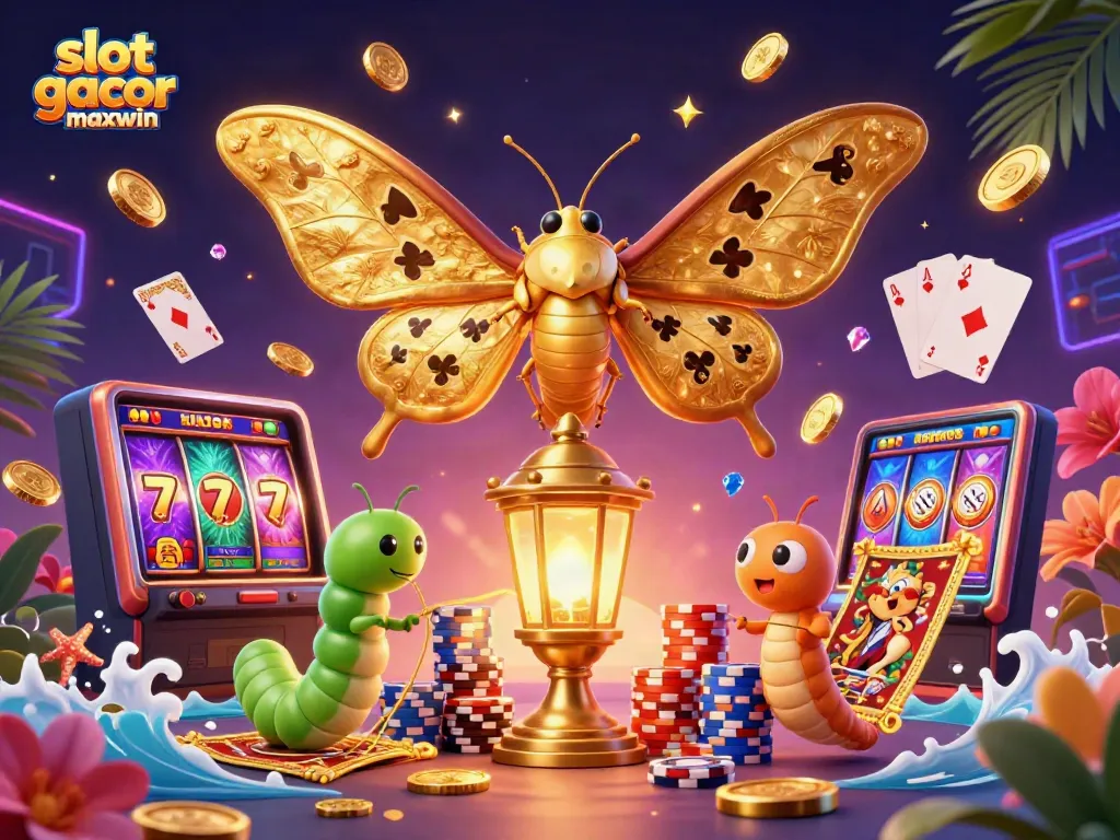Engaging casino scene featuring a vibrant 3D atlas moth and slot gacor maxwin elements like spinning reels and jackpot coins.
