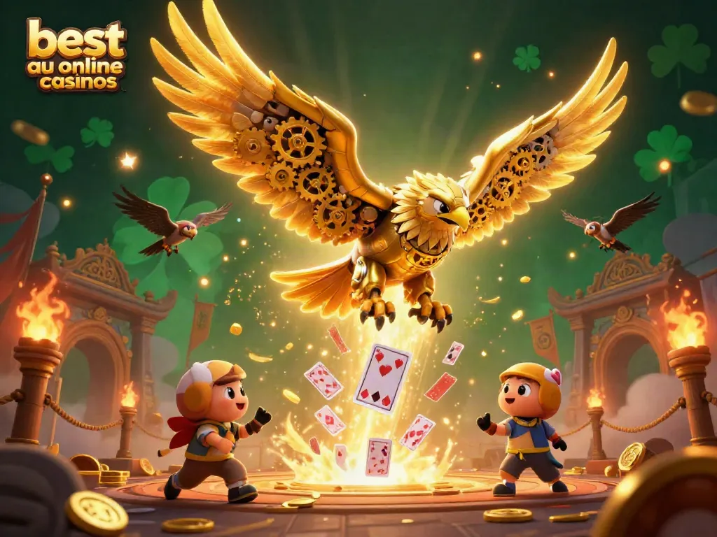 Experience the best AU online casinos with a vivid depiction of cybernetic eagles amidst casino-themed visuals.