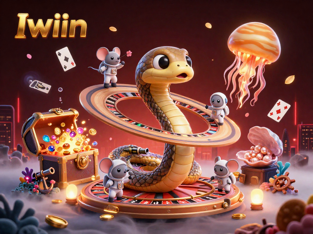 Iwin players enjoy cosmic roulette with a Saturn ring snake and astronaut mice in vibrant 3D art.