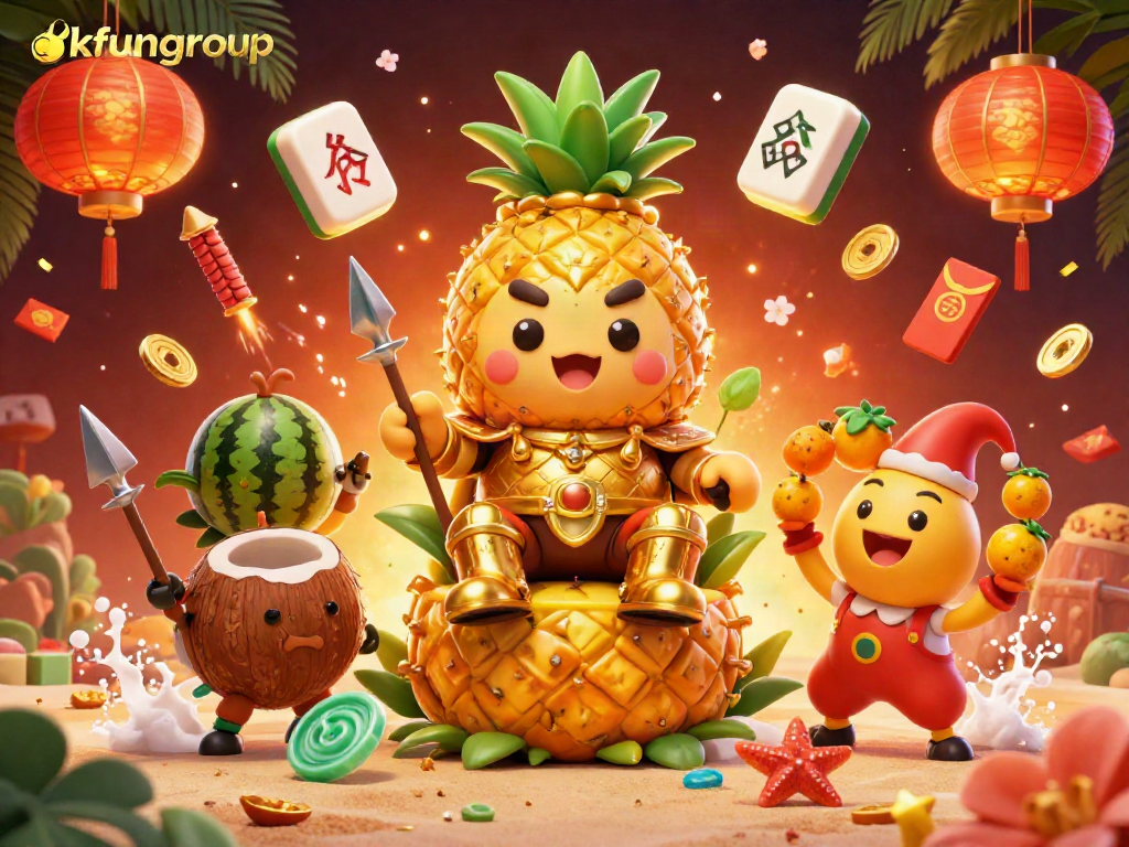 Experience vibrant gaming with okfungroup, featuring a golden pineapple king and festive casino elements.