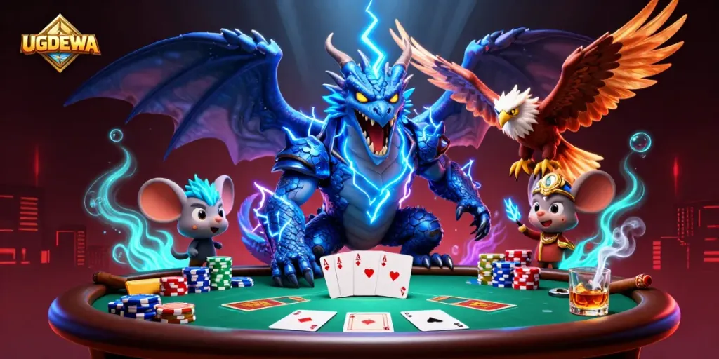 Experience thrilling poker action with UGDEWA's vibrant casino scene featuring a thunder dragon and poker elements.