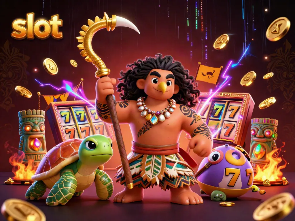 Engaging illustration of a slot-themed scene featuring a demigod hawk and moana-style turtle amidst colorful slot reels and gold coins.