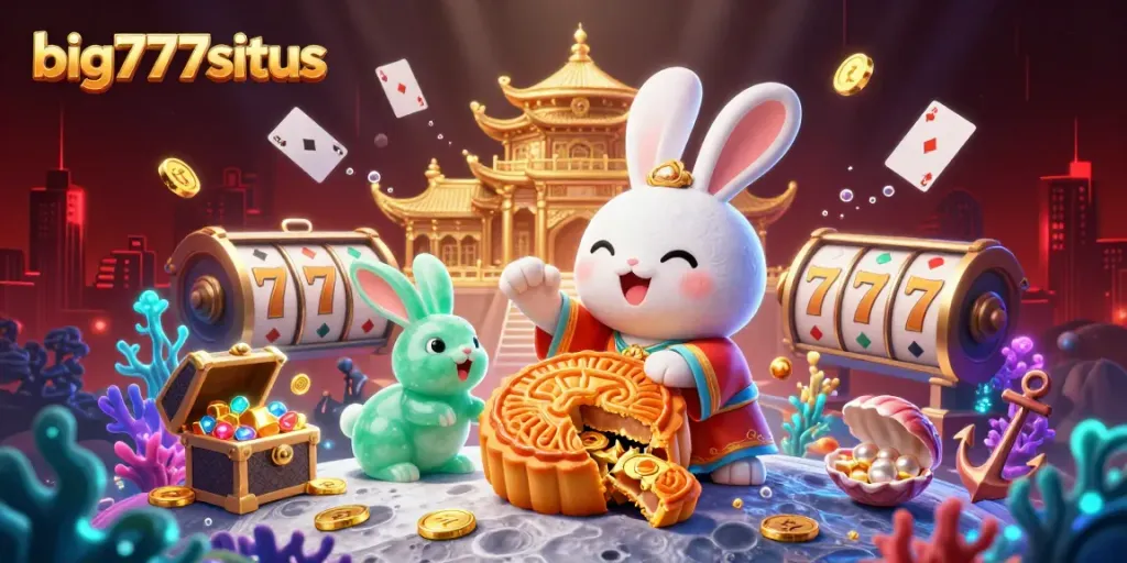 Engage with big777situs in a vibrant lunar casino scene featuring golden mooncakes and poker chips.
