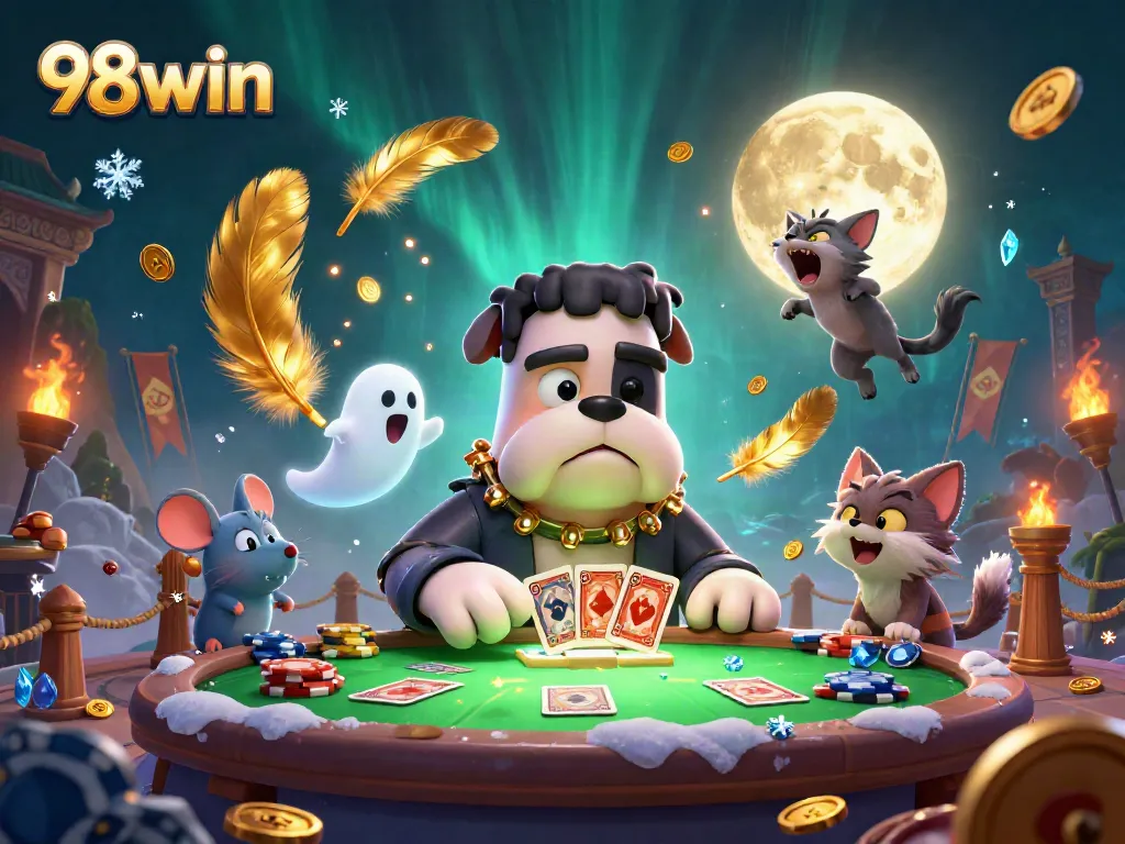 Engage in thrilling gameplay with 98win's lively casino scene featuring vibrant characters and betting excitement.
