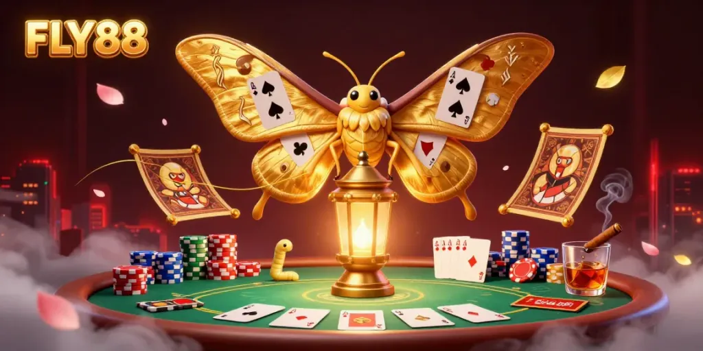Join FLY88 at the dynamic casino scene featuring an atlas moth and high-stakes poker elements, capturing excitement.