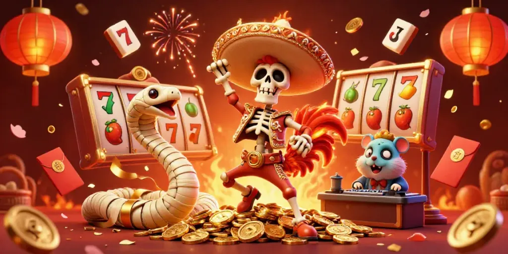 Slot yang sedang dikelilingi oleh karakter ceria dan elemen kasino, memancarkan kemewahan.