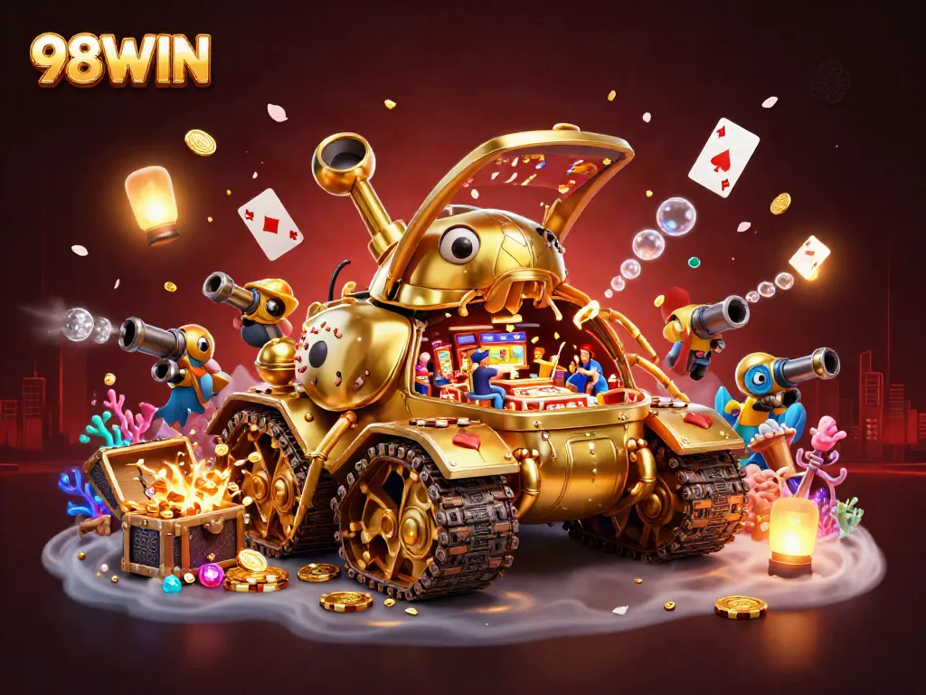 Experience thrilling gaming at 98WIN with a vibrant scene depicting a golden beetle tank casino.