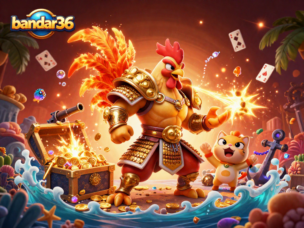 bandar36 menyajikan ilustrasi 3D yang menampilkan petarung ayam dengan perisai emas dan naga yang menyala dalam suasana kasino yang mengesankan