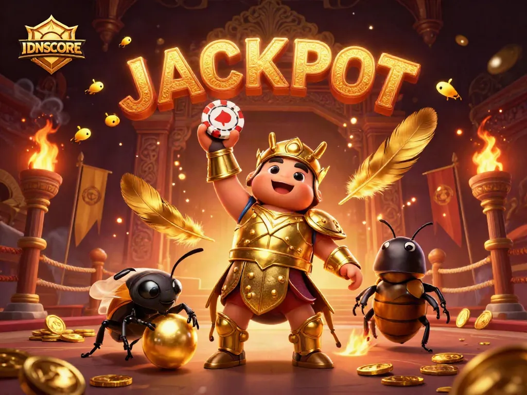 IDNSCORE showcases a victorious beetle lifting a poker chip amid vibrant casino elements in this dynamic scene.