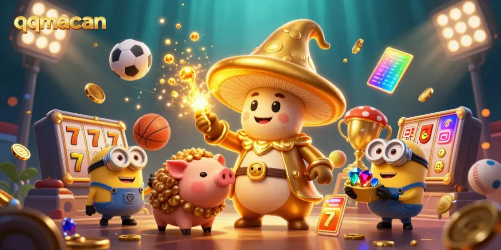 Experience gaming excitement with qqmacan as the golden wizard and characters bring adventure to life in this vibrant scene.