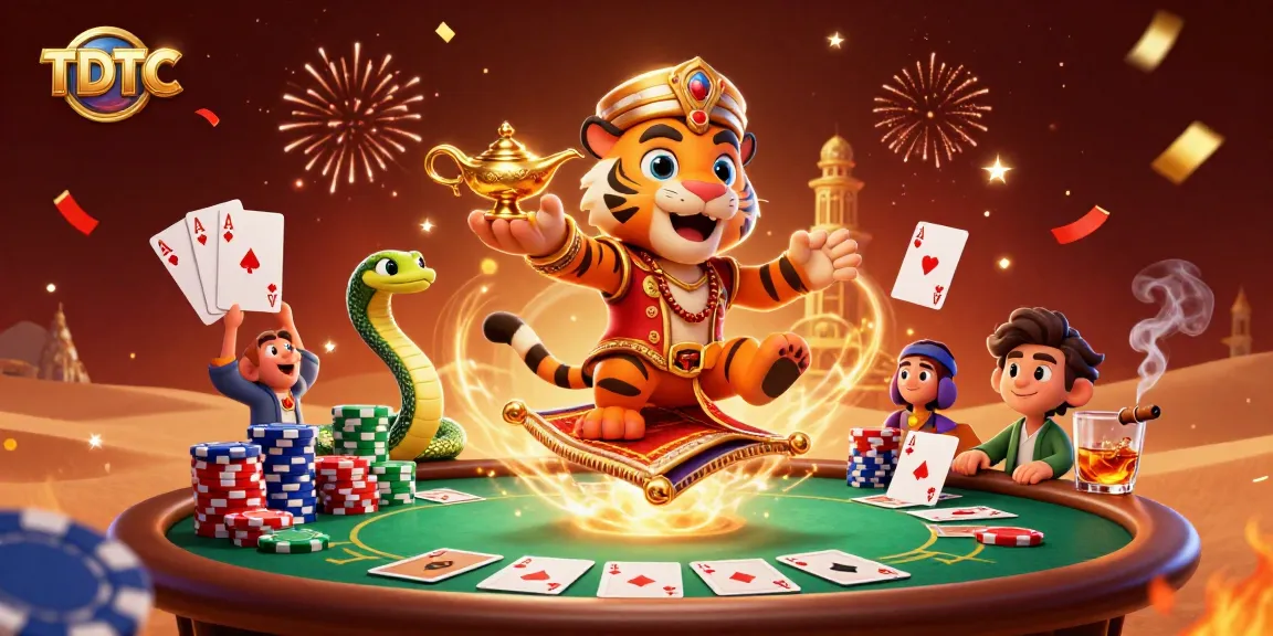 Engage in high-stakes poker action with TDTC in a vibrant Arabian Nights scene.