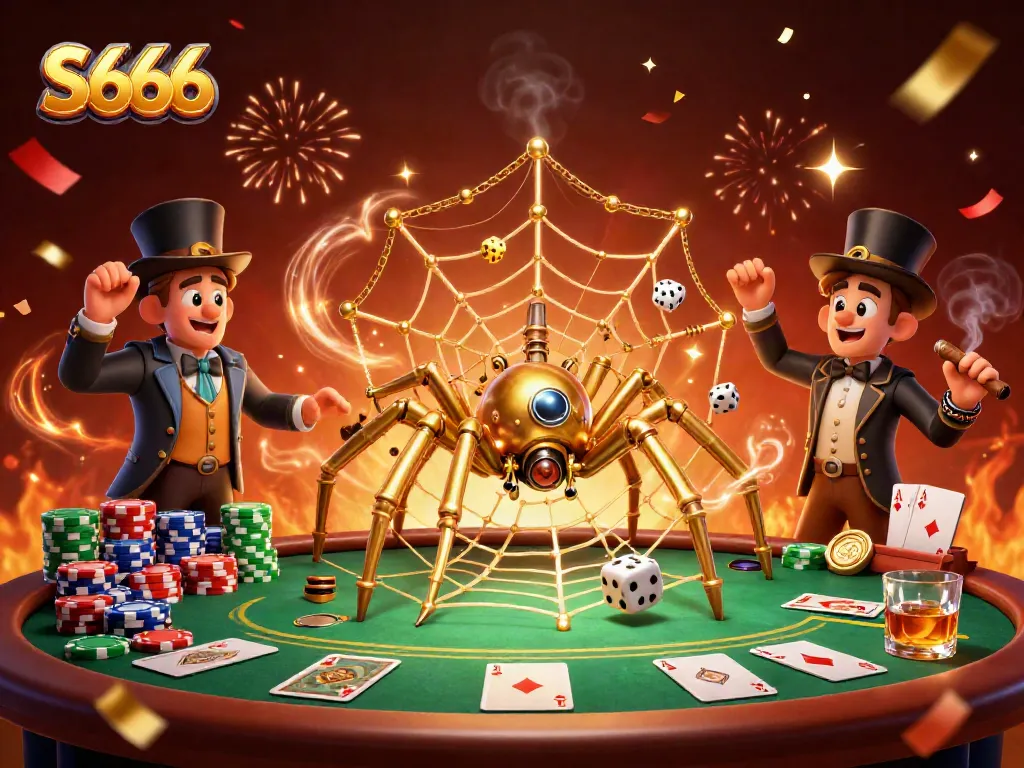 Experience S666 thrills with a steampunk spider catching dice amidst vibrant casino elements.