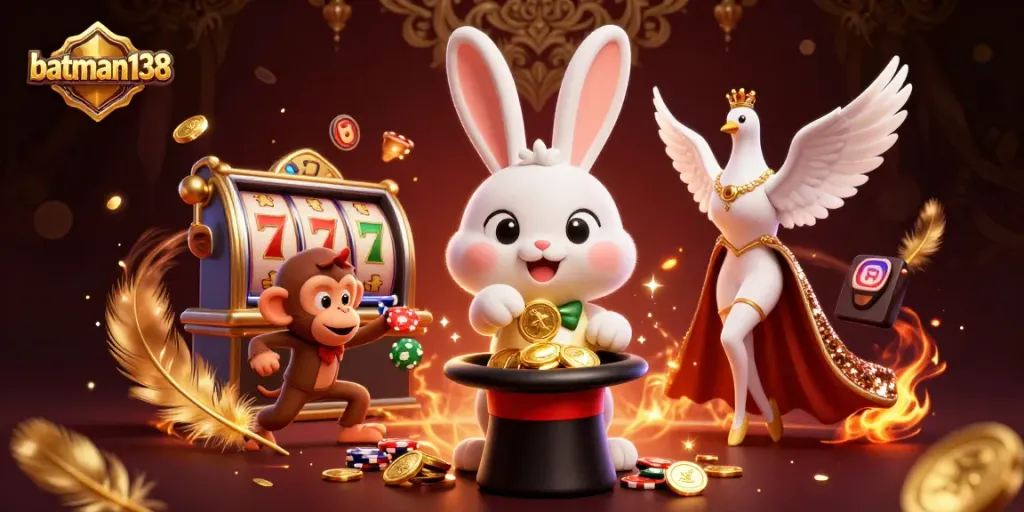 Experience thrilling gameplay at batman138 with a magician rabbit pulling golden coins in an exciting casino scene.