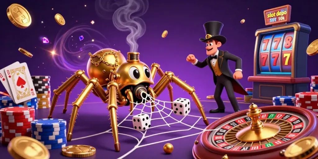 Engage with slot depo 10k in a vibrant scene of steampunk characters, golden coins, and spinning roulette.