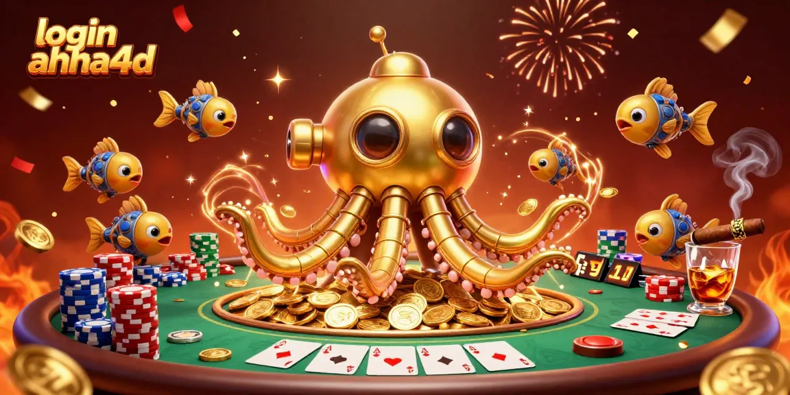 login ahha4d menampilkan aksi kasino dengan kraken emas dan tumpukan chip poker berwarna-warni.