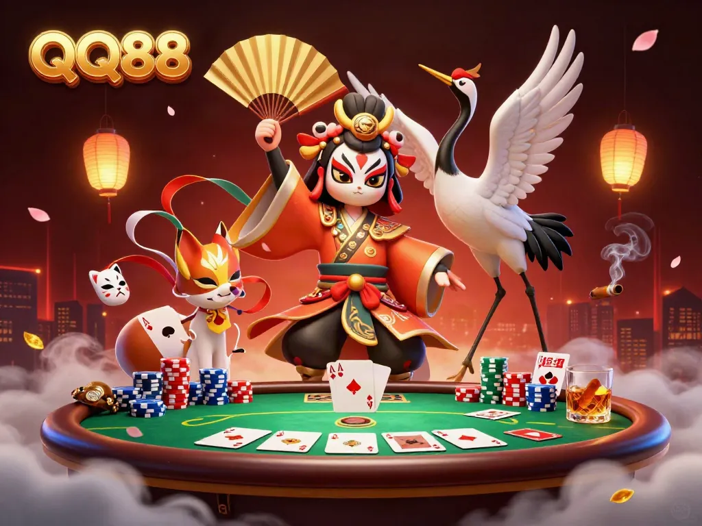 Experience thrilling QQ88 gaming action with kabuki warriors and poker elements in a vibrant illustration.