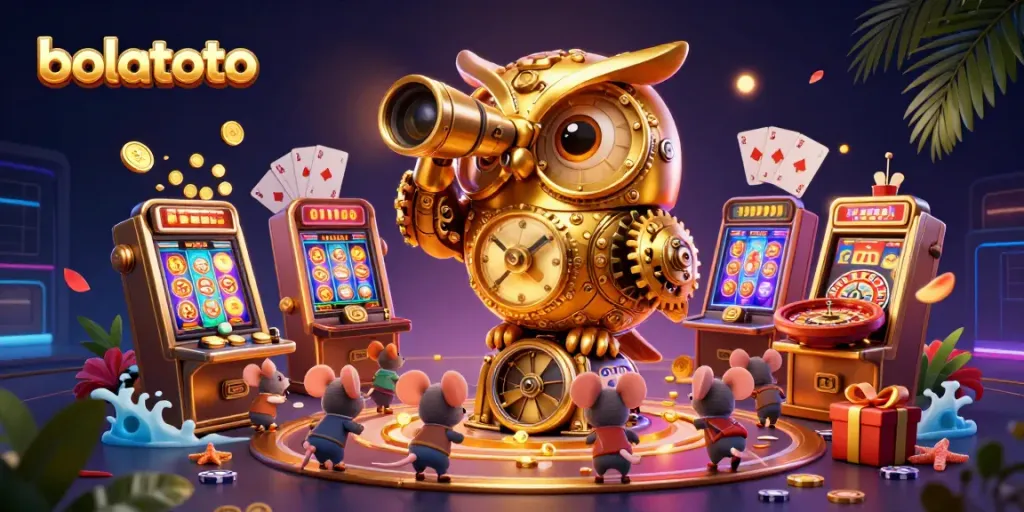 Play exciting casino games with bolatoto, featuring a colorful 3D scene packed with action and fortune.