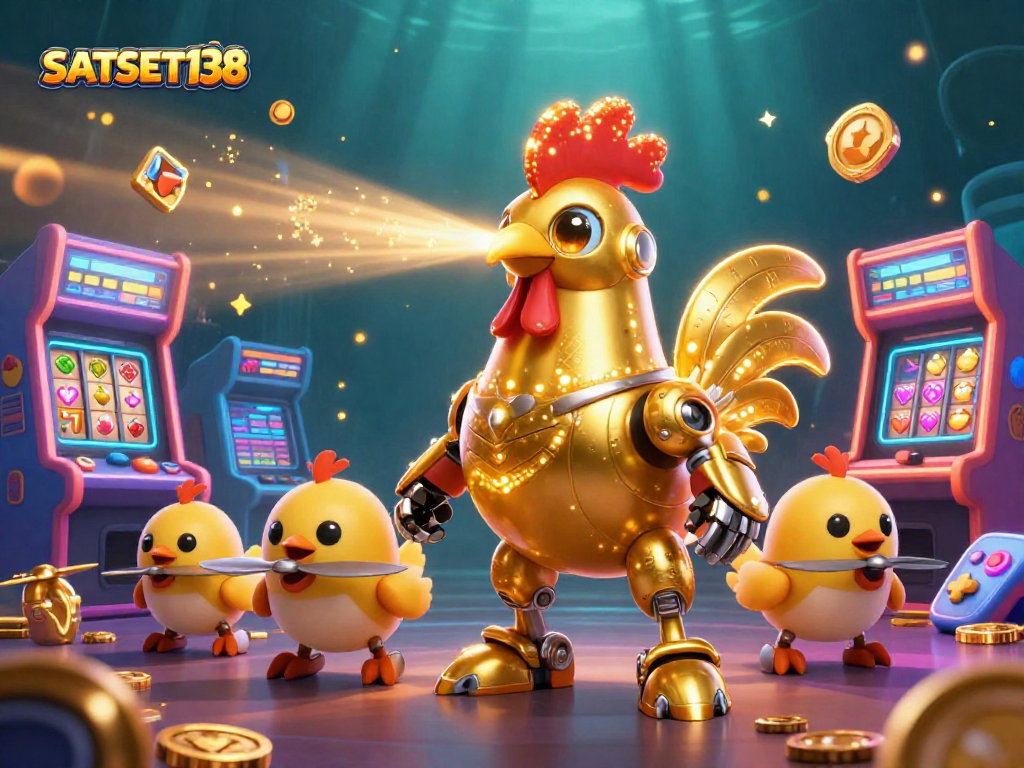 SATSET138, robot ayam emas futuristik dan drone anak ayam terbang di slot kasino ceria.