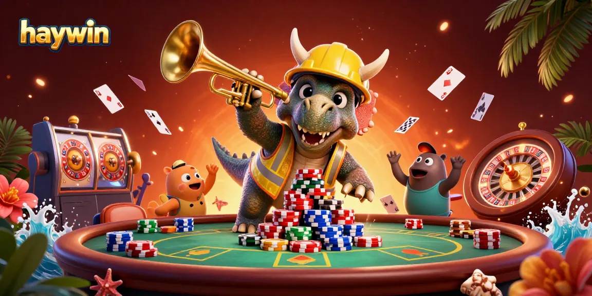 Join the celebration at haywin with a vibrant casino scene featuring a triceratops and friends!