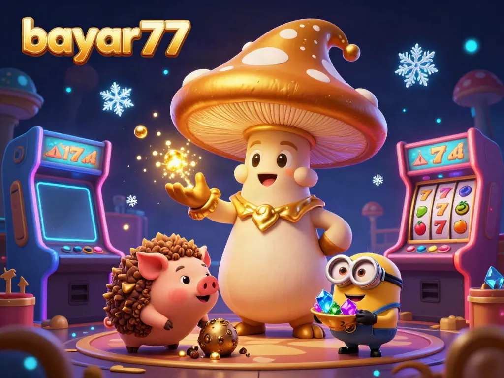 Experience thrilling gameplay at bayar77 featuring a golden mushroom wizard and treasure-seeking truffle pig in a vibrant casino.