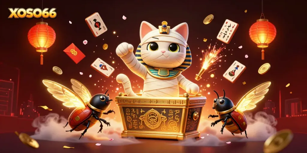 XOSO66 invites players into a lively casino scene featuring a mummy cat and a brilliant scarab beetle.