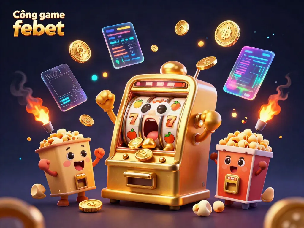 Cổng game febet showcases a vibrant golden slot machine celebrating its jackpot amid cheer, symbolizing online gaming excitement.