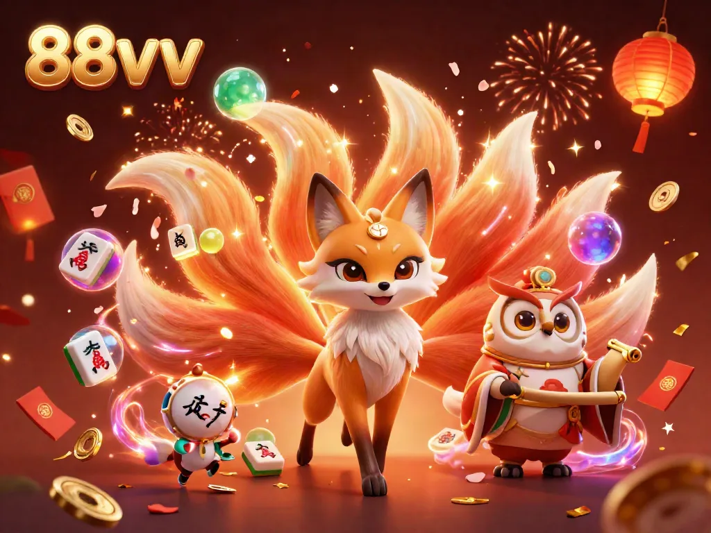 Engage in top-tier gambling at 88vv with vibrant characters amidst festive casino elements.