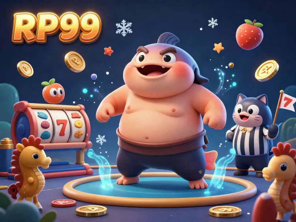 Experience exciting gameplay with RP99 in a rich 3D gambling scene featuring a playful fugu and vibrant slot machines.