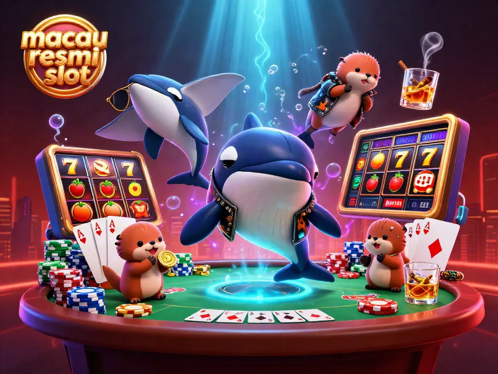 Menggambarkan slot macau resmi dengan karakter orca, ikan pari, dan keluarga berang-berang menangkap momen kasino.