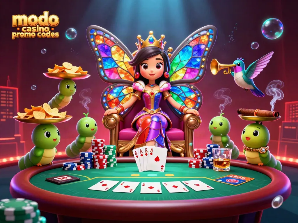 Engage with modo casino promo codes through a vibrant 3D illustration featuring a butterfly queen and poker elements.
